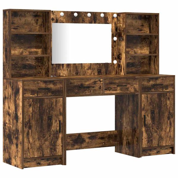 vidaXL Conjunto de mesa de vestidor con LED 3 pcs Roble ahumado