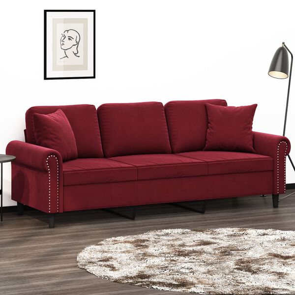 vidaXL Sof&aacute; 3 plazas almohadas y cojines terciopelo rojo tinto 180 cm