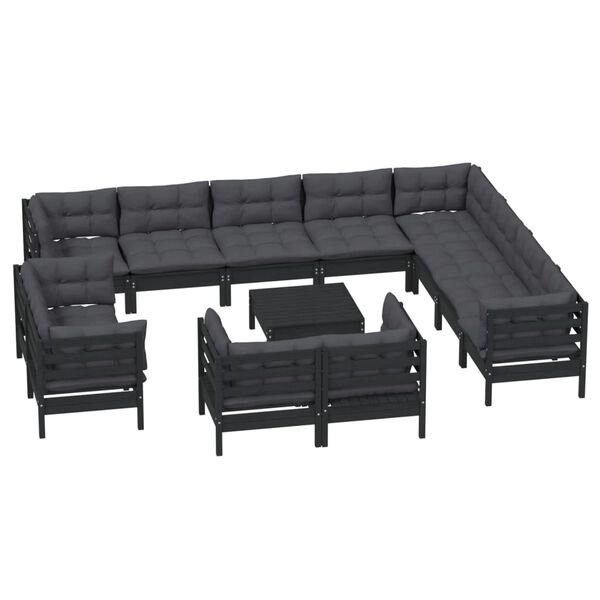 vidaXL Muebles de jard&iacute;n 13 pzas con cojines negro madera maciza pino