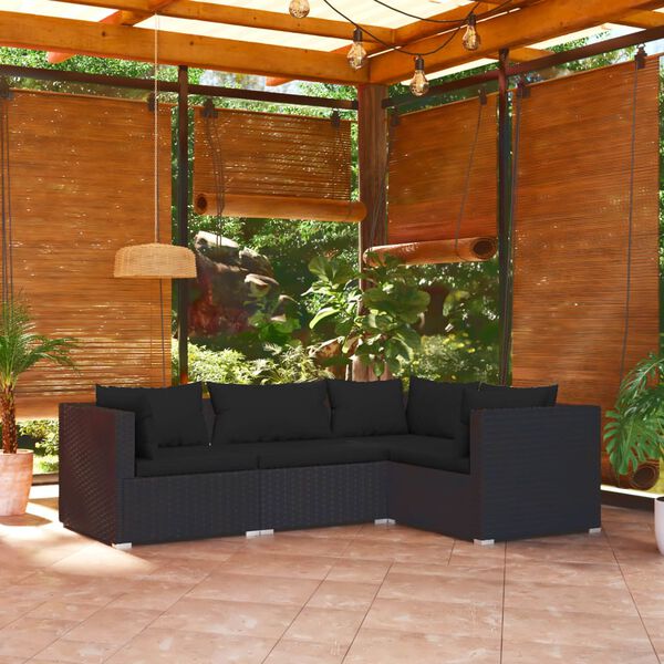 vidaXL Set de muebles de jard&iacute;n 4 pzas y cojines rat&aacute;n sint&eacute;tico negro