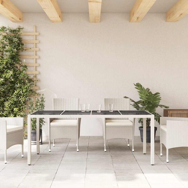 vidaXL Mesa de jard&iacute;n superficie de vidrio rat&aacute;n PE blanco 190x90x75cm