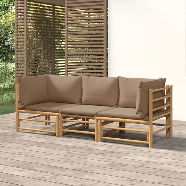 vidaXL Set de muebles de jard&iacute;n 3 piezas bamb&uacute; y cojines gris taupe