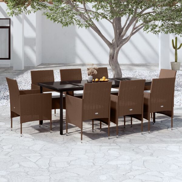 vidaXL Juego de comedor para jard&iacute;n 9 piezas y cojines marr&oacute;n y negro
