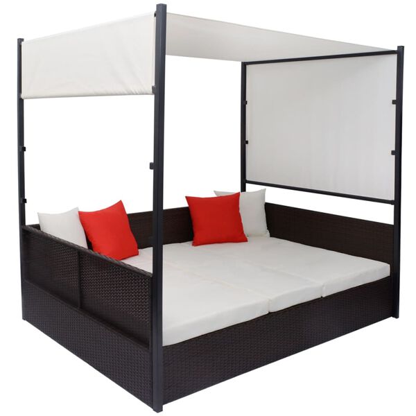 vidaXL Cama de jard&iacute;n con toldo rat&aacute;n sint&eacute;tico marr&oacute;n 190x130 cm
