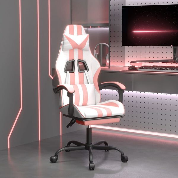 vidaXL Silla gaming con reposapi&eacute;s cuero sint&eacute;tico blanco y rosa