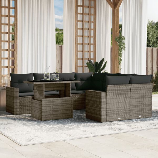 vidaXL Set de muebles de jard&iacute;n 9 pzas y cojines rat&aacute;n sint&eacute;tico gris