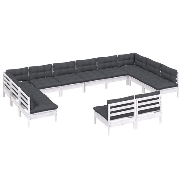 vidaXL Muebles de jardín 12 pzas y cojines blanco madera maciza pino