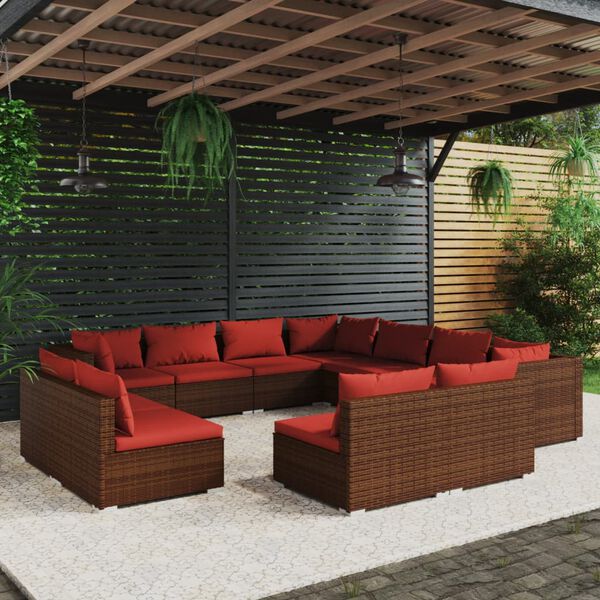 vidaXL Set de muebles de jard&iacute;n 11 pzas cojines rat&aacute;n sint&eacute;tico marr&oacute;n