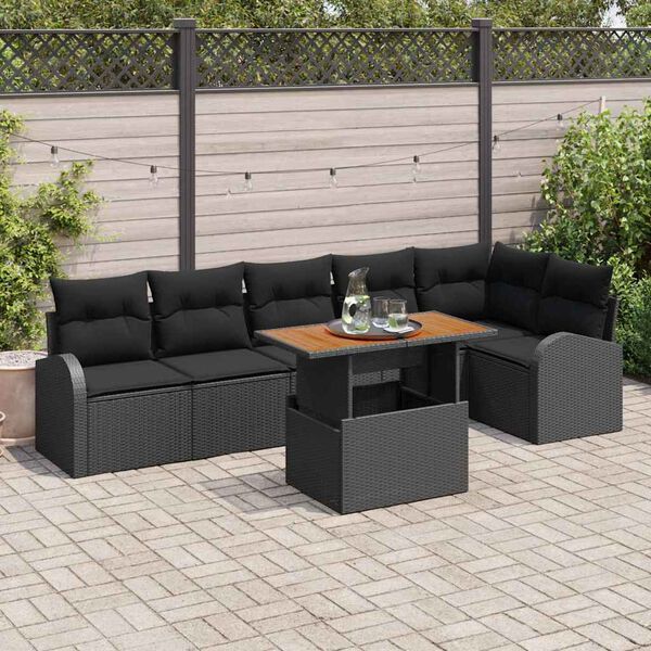 vidaXL Conjunto de sof&aacute; de jard&iacute;n con coj&iacute;n 7 pcs Negro