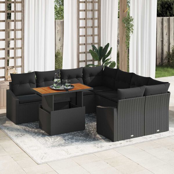 vidaXL Conjunto de sof&aacute; de jard&iacute;n 9 pcs Negro Polirat&aacute;n