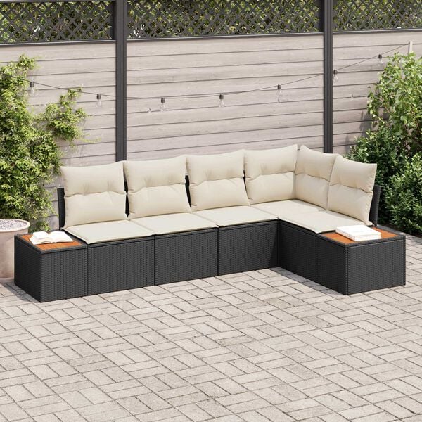 vidaXL Conjunto de sofá de jardín 5 pcs Negro y crema Poliratán