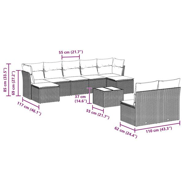 vidaXL Set sof&aacute;s jard&iacute;n 10 pzas con cojines rat&aacute;n sint&eacute;tico gris claro