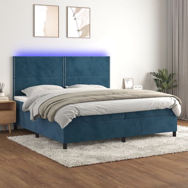 vidaXL Cama box spring colch&oacute;n y LED terciopelo azul oscuro 200x200 cm