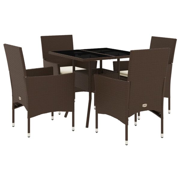 vidaXL Set comedor jard&iacute;n 5 pzas cojines rat&aacute;n sint&eacute;tico vidrio marr&oacute;n