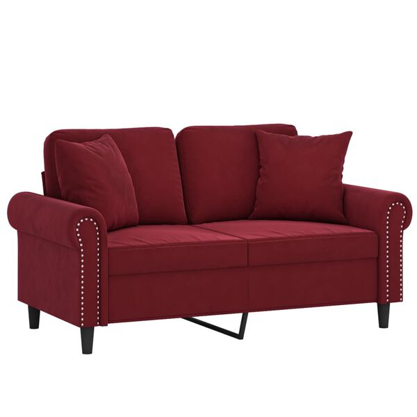 vidaXL Sof&aacute; 2 plazas almohadas y cojines terciopelo rojo tinto 120 cm