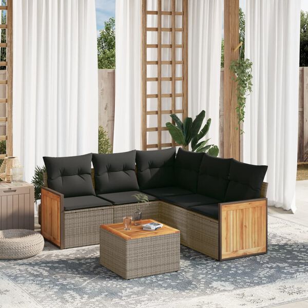 vidaXL Set de muebles de jard&iacute;n 6 pzas y cojines rat&aacute;n sint&eacute;tico gris