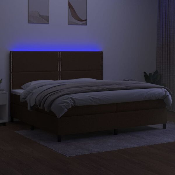 vidaXL Cama box spring colch&oacute;n luces LED tela marr&oacute;n oscuro 200x200 cm