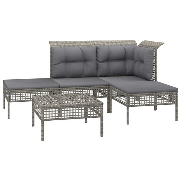 vidaXL Set de muebles de jard&iacute;n 5 pzas y cojines rat&aacute;n sint&eacute;tico gris
