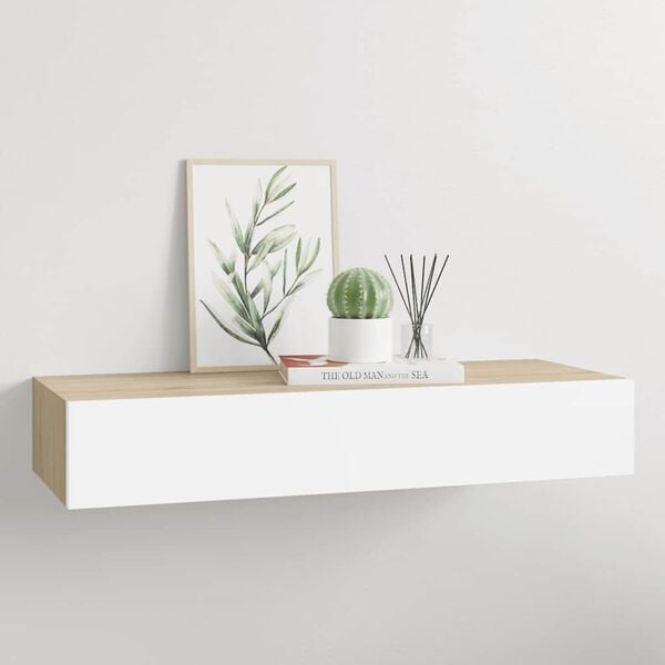 vidaXL Estante de pared con cajón de MDF (roble y blanco, 60 x 23,5 x 10 cm)
