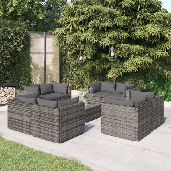 vidaXL Set de muebles de jardín 9 pzas y cojines ratán sintético gris