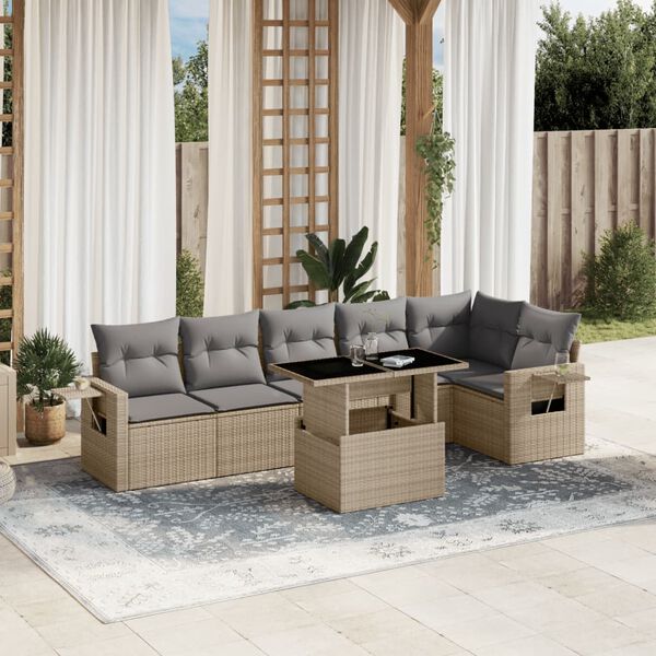 vidaXL Set sof&aacute;s de jard&iacute;n 7 piezas y cojines rat&aacute;n sint&eacute;tico beige