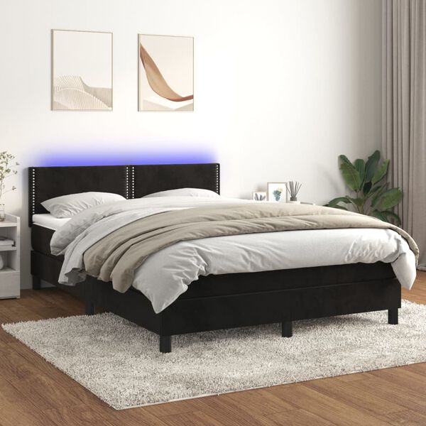 vidaXL Cama box spring colch&oacute;n y LED terciopelo negro 140x190 cm