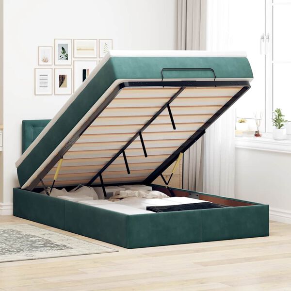 vidaXL Cama otomana con colch&oacute;n&LED terciopelo verde oscuro 120x190cm