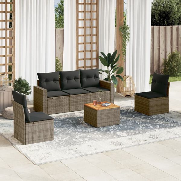 vidaXL Set de muebles de jard&iacute;n 6 pzas y cojines rat&aacute;n sint&eacute;tico gris