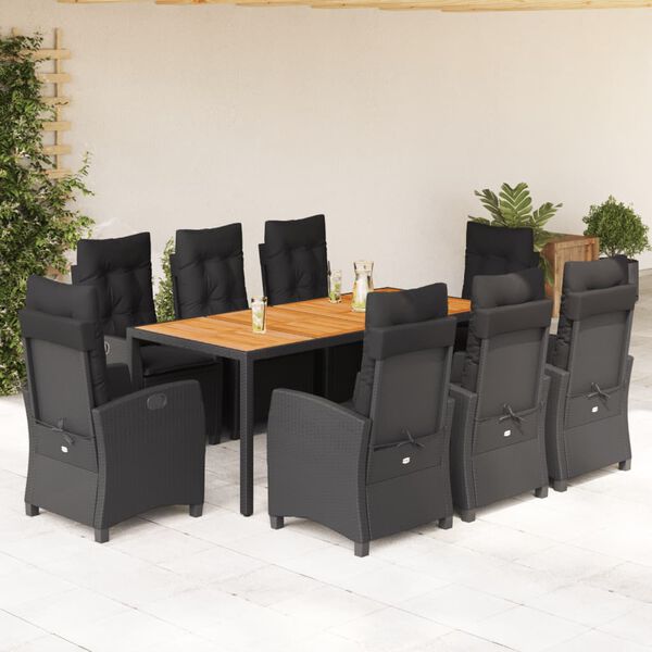 vidaXL Set de comedor de jard&iacute;n 9 pzas y cojines rat&aacute;n sint&eacute;tico negro