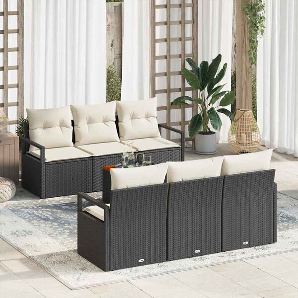 vidaXL Conjunto de sof&aacute; de jard&iacute;n con coj&iacute;n 7 pcs Negro Polirat&aacute;n