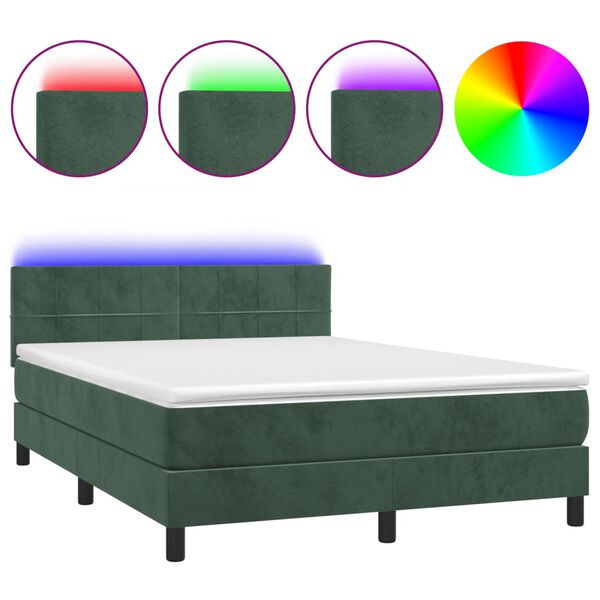vidaXL Cama box spring colch&oacute;n y LED terciopelo verde oscuro 140x190cm