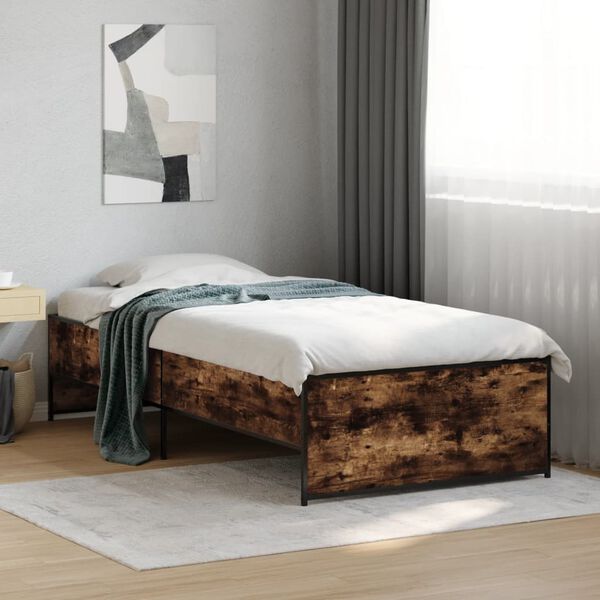 vidaXL Estructura cama madera ingenier&iacute;a metal roble ahumado 90x190 cm