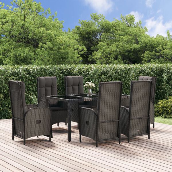 vidaXL Set de comedor de jard&iacute;n 7 pzas y cojines rat&aacute;n sint&eacute;tico negro