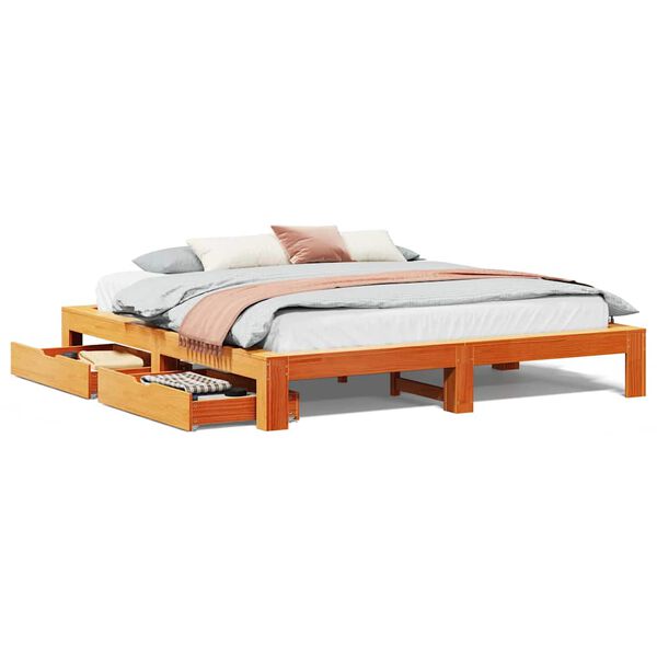 vidaXL Cama sin colch&oacute;n madera maciza de pino marr&oacute;n cera 180x200 cm