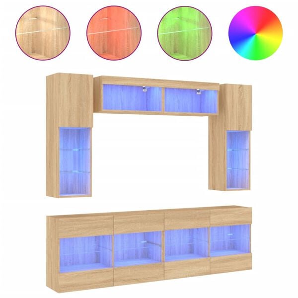vidaXL Muebles de TV de pared con luces LED 6 piezas roble sonoma