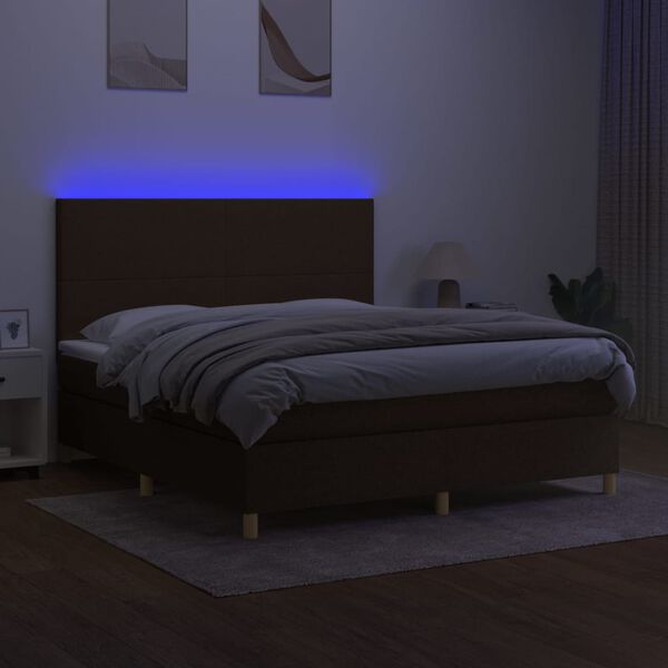 vidaXL Cama box spring colch&oacute;n luces LED tela marr&oacute;n oscuro 180x200cm