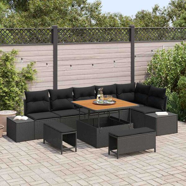 vidaXL Conjunto de sof&aacute;s de jard&iacute;n con coj&iacute;n 9 pcs Negro Polirat&aacute;n
