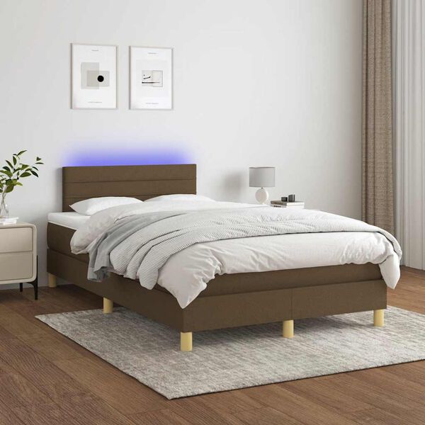 vidaXL Cama box spring con colch&oacute;n y LED tela marr&oacute;n oscuro 120x190 cm