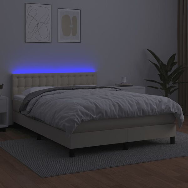 vidaXL Cama box spring colch&oacute;n y LED cuero sint&eacute;tico crema 140x200 cm