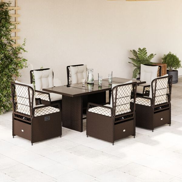 vidaXL Set comedor de jard&iacute;n 7 pzas con cojines rat&aacute;n sint&eacute;tico marr&oacute;n