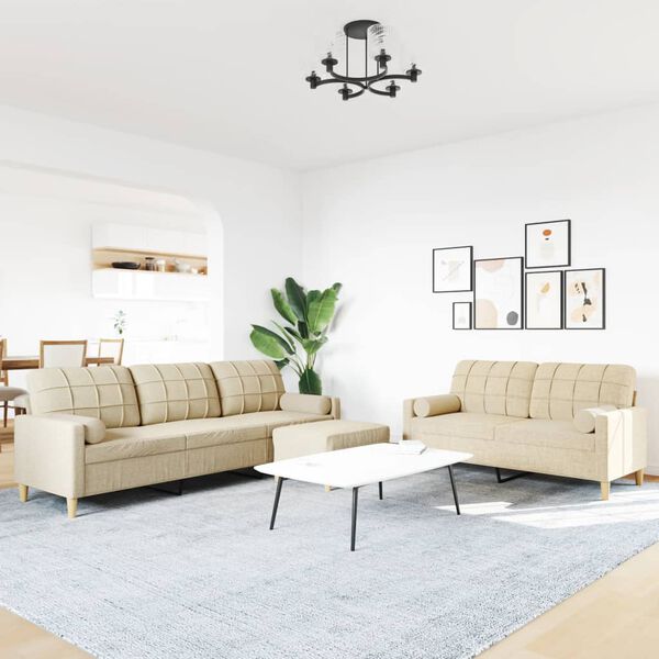 vidaXL Juego de sofás 3 pzas con reposapiés y cojines tela crema