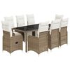 vidaXL Set de mesa y sillas jard&iacute;n 9 piezas y cojines rat&aacute;n PE marr&oacute;n