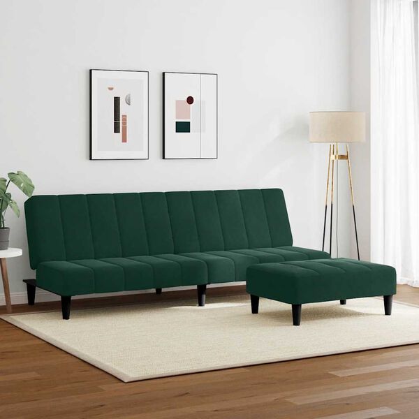vidaXL Sof&aacute; cama de 2 plazas con taburete terciopelo verde oscuro