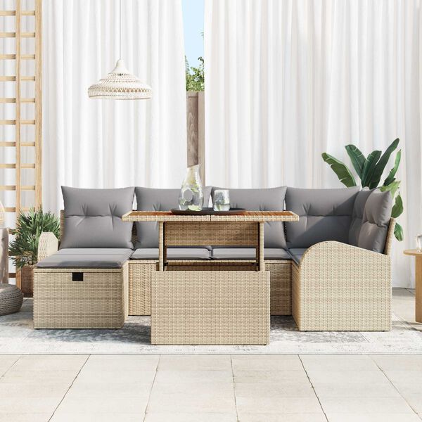 vidaXL Conjunto de sof&aacute; de jard&iacute;n 7 pcs Beige rat&aacute;n sint&eacute;tico