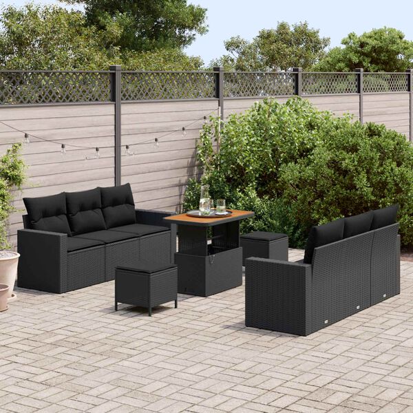 vidaXL Conjunto de sof&aacute; de jard&iacute;n 9 pcs Negro rat&aacute;n sint&eacute;tico