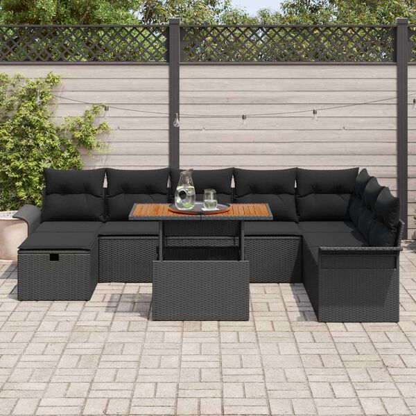 vidaXL Conjunto de sof&aacute; de jard&iacute;n con coj&iacute;n 9 pcs Negro Polirat&aacute;n