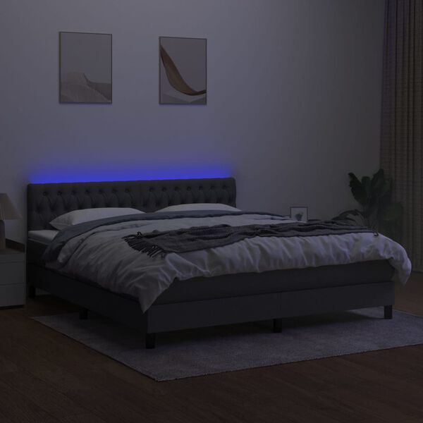 vidaXL Cama box spring colch&oacute;n y luces LED tela gris oscuro 180x200 cm