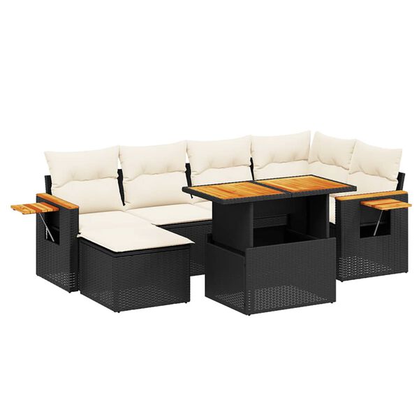 vidaXL Set de comedor de jard&iacute;n 7 pzas y cojines rat&aacute;n sint&eacute;tico negro