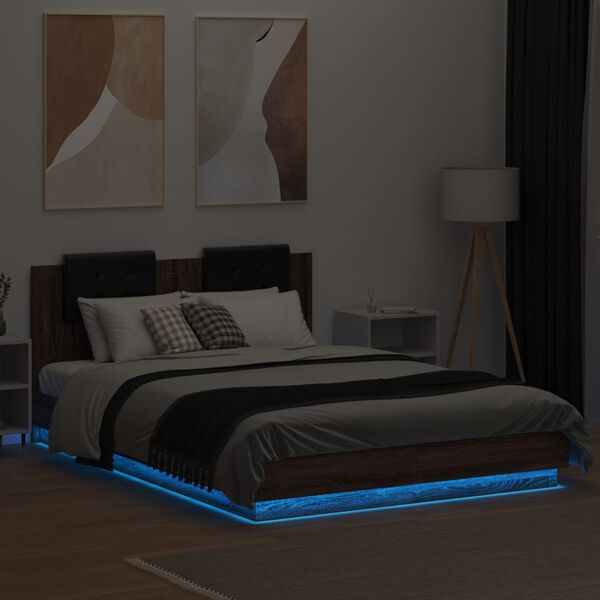 vidaXL Estructura de cama cabecero luces LED roble marr&oacute;n 140x200 cm