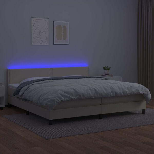 vidaXL Cama box spring colch&oacute;n y LED cuero sint&eacute;tico crema 200x200 cm